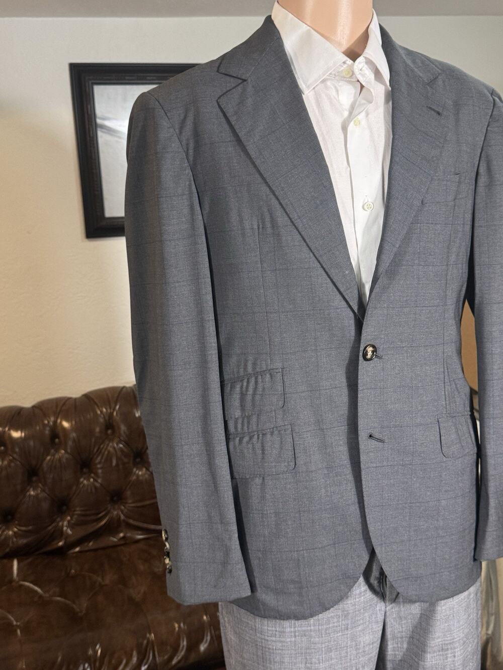 Brunello Cucinelli Charcoal Windowpane Virgin Wool Deconstructed Blazer 50 40R
